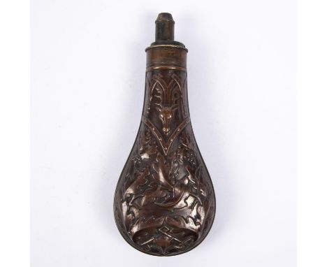 A gun size embossed copper powder flask “oak leaf and stag’s head” (R 574), 8” overall, with patent top by Hawksley. GC, the 