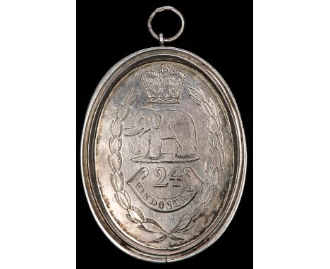 24th Light Dragoons medal 1817, engraved oval silver piece, obverse: a crown above elephant left, below which "24" above a sc