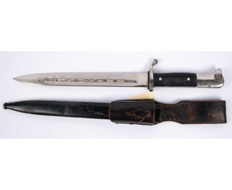 A Third Reich double etched K98 dress bayonet,  by E Pack &amp; Sohne, Solingen, etched on one side with eagles, oak leaves a