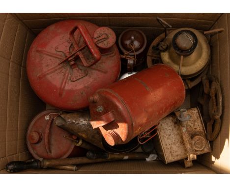 4 Vintage oil or paraffin containers, a large steel oil jug, 3 milk containers; 2 Primus stoves; a  box of assorted tools. GC
