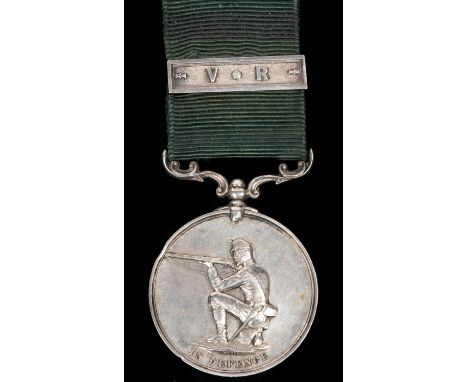 2nd Caithness Rifle Volunteers silver award, obverse kneeling rifleman, legend "In Defence"; reverse laurel wreath encircling