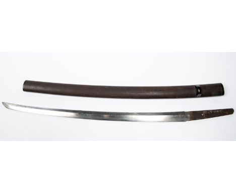 A Japanese sword blade, 20”, with traces of wavy yakiba, the tang signed with six characters, in its brown wood grain effect 