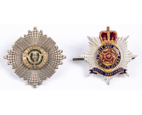Scots Guards WO and QEII Royal Hampshire Regt officers silvered, gilt and enamel cap badges. GC (2) £60-80 