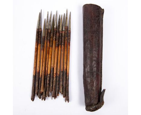 A set of 12 18th century Indian crossbow bolts, the iron heads having rectangular section bodkin points, with bamboo shafts b