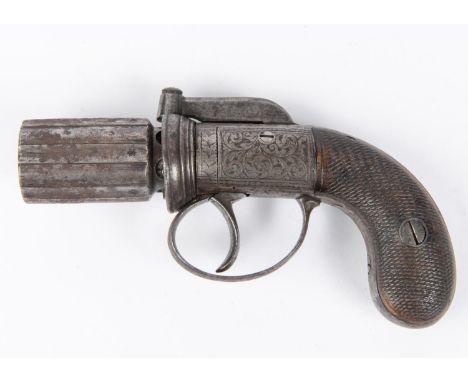 A 6 shot 180 bore self cocking bar hammer percussion pepperbox revolver, 6¼" overall, barrels 1¾" with B'ham proofs, with scr