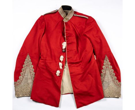 A fine Rifle Volunteers scarlet tunic, labelled inside “Major W H Hornby 1859”, collar rank pips, white facings and silver la