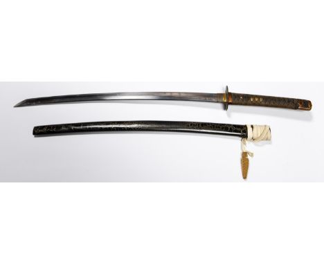 A Japanese sword katana, blade 25½” (polished), the tang with checked file marks and signed with three characters, the hilt w