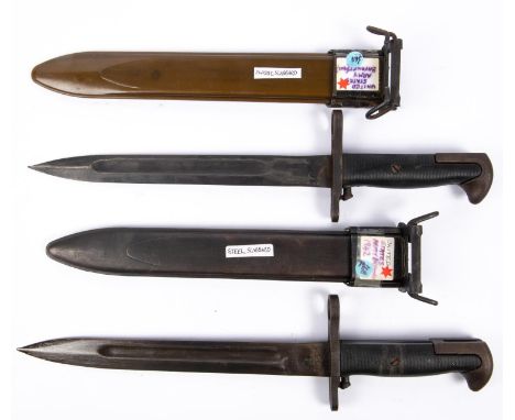 A Garand knife bayonet 1943MI, dated 1942 with steel scabbard; also a similar 1943MI with plastic scabbard. VGC  £80-100 