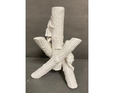 Four stemmed figurative tripod vase in white of children climbing trees H29cm 