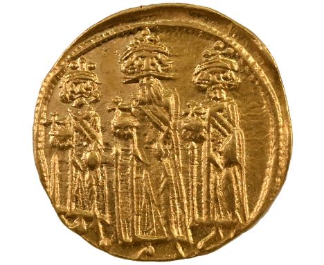 639-641 AD Byzantine Empire Heraclius, Heraclius Constantine and Heraclonas gold Solidus. Obverse: three standing figures: fa