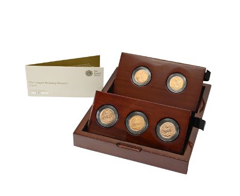2016 Queen Elizabeth II Longest Reigning Monarch five-coin gold Sovereign set from The Royal Mint. Includes (1) 1957 Mary Gil