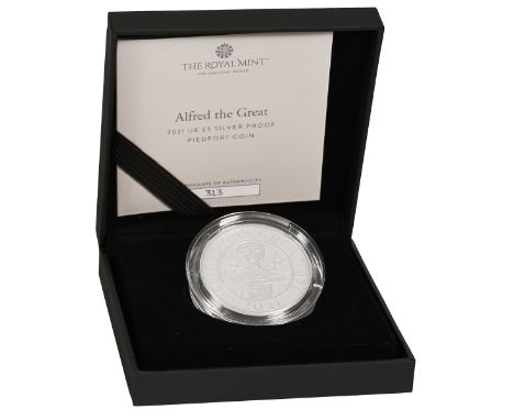 2021 silver proof piedfort Alfred the Great &pound;5 Crown coin from The Royal Mint in original packaging. Obverse: fifth por