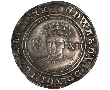 1551-1553 King Edward VI Third Period fine silver issue hammered Shilling with tun mintmark (S 2482). Obverse: crowned three-