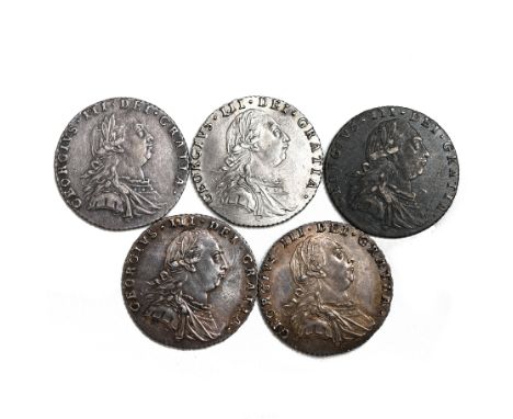 Group of five (5) 1787 dated King George III silver Sixpences, all without sem&eacute;e of hearts (S 3748). Obverses: laureat