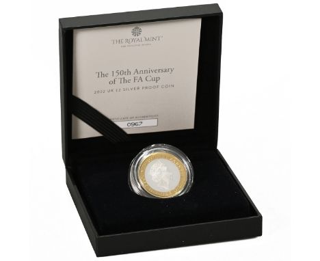 2022 FA Cup commemorative silver proof Royal Mint &pound;2 coin in original presentation packaging. Obverse: definitive coina