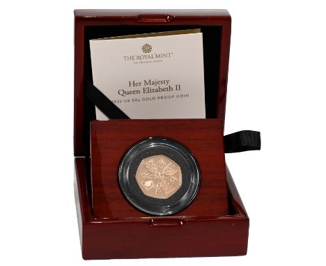 2022 Queen Elizabeth II memorial gold proof Royal Mint 50p coin in the original box with certificate. Obverse: first definiti