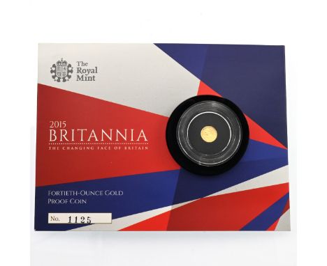 2017 Royal Mint gold proof Britannia 1/40oz gold coin in original card sleeve. Obverse: Jody Clark's portrait of Queen Elizab