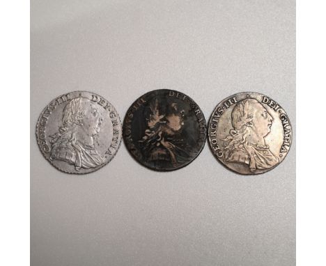 Group of three (3) 1787 King George III silver Shillings, all without reverse hearts (S 3743). Includes (1) 1787 Shilling wei