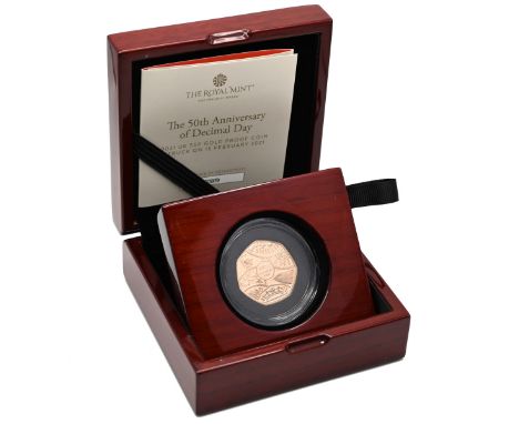 2021 50th anniversary of Decimal Day SOTD gold proof 50p coin from The Royal Mint in original packaging. Obverse: crowned por