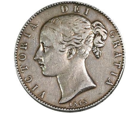 1845 Queen Victoria Young Head silver Crown coin with 'VIII' regnal year to edge (Davies 433, ESC 282, S 3882). Obverse: fill