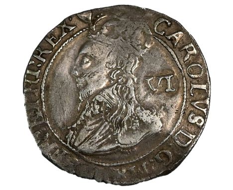 1632-1633 King Charles I hammered silver Tower mint group D Sixpence with harp mintmark (S 2811). Obverse: fourth bust, type 