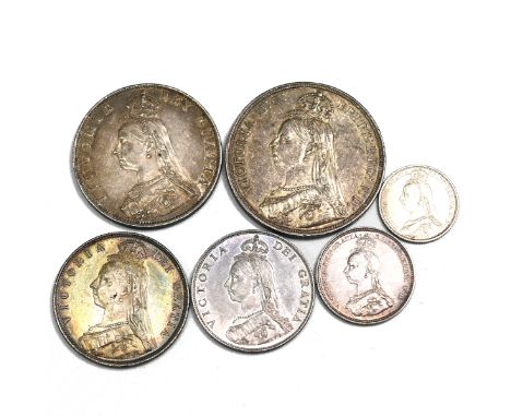 Group of six (6) 1887-dated Queen Victoria silver coins all featuring the 'Jubilee Head' portrait. Includes (1) 1887 Queen Vi