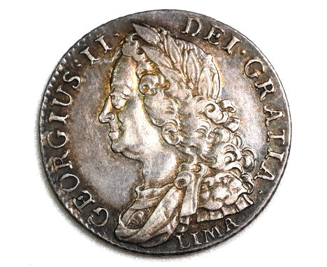 1745 King George I silver 'LIMA' Shilling with older draped bust (Bull 1724, ESC 1205, S 3703). Obverse: left-facing portrait