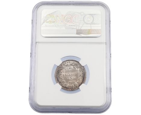 1862 Queen Victoria 'Young Head' wreath back silver Shilling graded AU 58 by NGC (S 3904). Obverse: second Young Head portrai