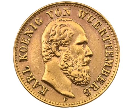 1877-F Germany, Kingdom of W&uuml;rttemberg gold 5 Marks of King Charles I &nbsp;with 'F' mintmark (KM  627). Obverse: bust o