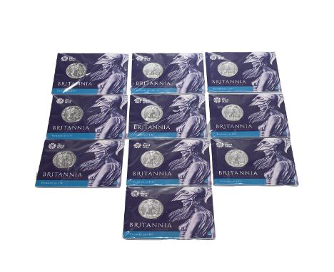 Group of ten (10) 2015 brilliant uncirculated silver &pound;50 Britannia coins in original Royal Mint packaging. Obverses: Jo