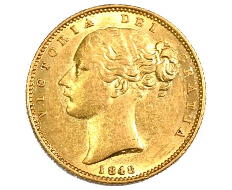1848 Queen Victoria gold 'full' Sovereign with 'Young Head' portrait and shield back (Marsh 31, S 3852). Obverse: second larg