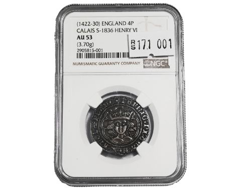 1422-1430 King Henry VI First Reign Annulet Issue silver Calais Groat graded AU 53 by NGC (S 1836). Obverse: crowned facing p