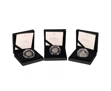 Group of three (3) collectable 2022 silver proof Royal Mint Queen Elizabeth II memorial range coins. Includes (1) 2022 Memori
