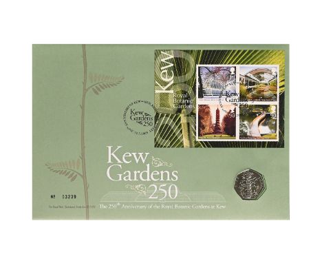 2009 sought-after Kew Gardens 50p coin and stamp Royal Mail First Day cover in original green envelope. 2009 Kew Gardens 250t