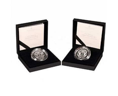 Group of two (2) 2022 Queen Elizabeth II memorial collection &pound;5 silver proof coins from The Royal Mint. Includes (1) 20