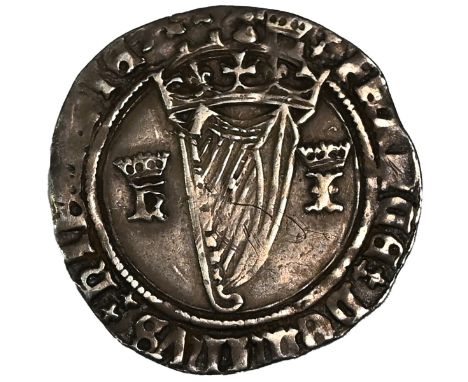 1536-1537 King Henry VIII Ireland First Harp Issue hammered silver Groat with royal initials (S 4673). Obverse: crowned Irish