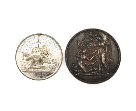 Group of two (2) 1832 Reform Act (Representation of the People Act) medals in silver and white metal. Includes (1) 1832 silve