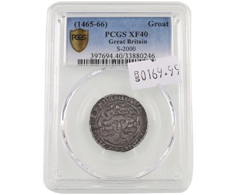 1465-1466 Edward IV Light Coinage London silver Groat with sun mm graded XF40 by PCGS (S 2000 N 1570). Obverse: facing royal 