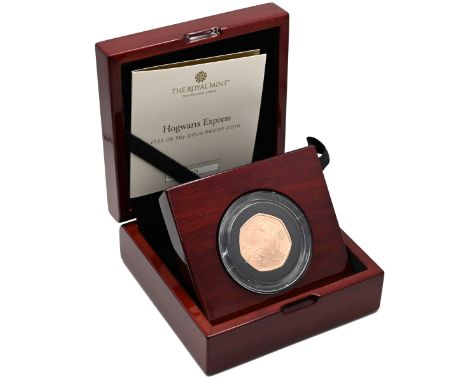 2022 Hogwarts Express 50p gold proof coin from The Royal Mint's Harry Potter coin collection. Obverse: Jody Clark's fifth and