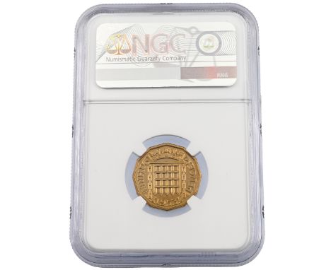 1953 Queen Elizabeth II proof nickel brass Threepence, graded PF 69 Ultra Cameo by NGC (S 4152). Obverse: Mary Gillick's firs