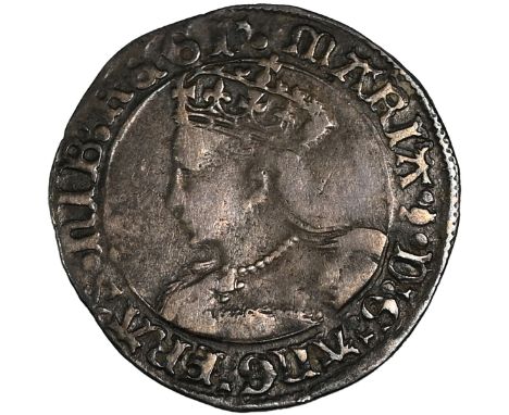 1553-1554 Queen Mary I hammered silver Groat with pomegranate mintmark (S 2492, N 1960). Obverse: crowned profile bust with l