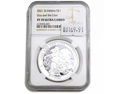 2021 Una and the Lion silver proof 1oz St Helena coin top-graded PF 70 Ultra Cameo by NGC. Obverse: original Una and the Lion