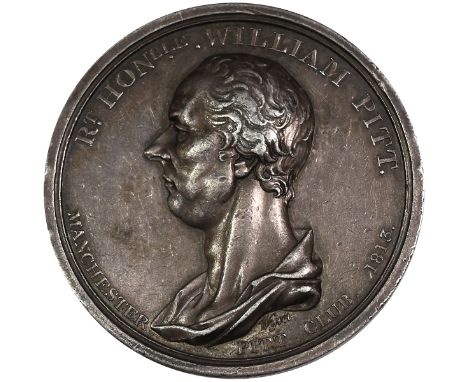 1813 Manchester William Pitt the Younger Club silver medal, issued after his death (Eimer 1039, BHM 771). Obverse: portrait o