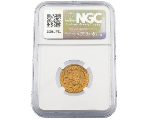 393-423 AD Western Roman Empire, Honorius gold Solidus graded Ch AU by NGC. Obverse: draped and cuirassed bust wearing a pear