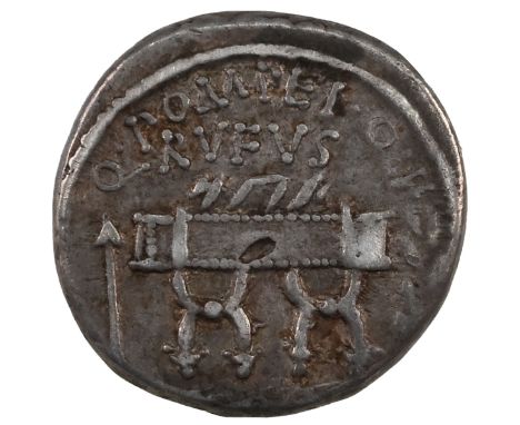 54 BC Roman Republic silver Denarius of Quintus Pompeius Rufus. Obverse: 'Q &middot; POMPEI &middot; Q &middot; F RVFVS' abov