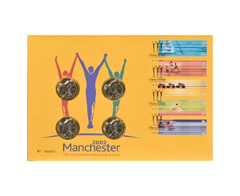 2002 Commonwealth Games &pound;2 coin and stamp four-piece collection Royal Mail First Day Covers. Includes 2002-dated Manche