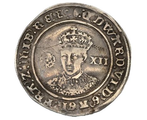 1551-1553 King Edward VI Third Period fine silver issue hammered Shilling with tun mintmark (S 2482). Obverse: crowned three-