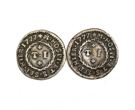 Group of two (2) 1777 Malta Emmanuel de Rohan-Polduc silver one Taro coins. Obverses: crowned oval shield within wreath with 
