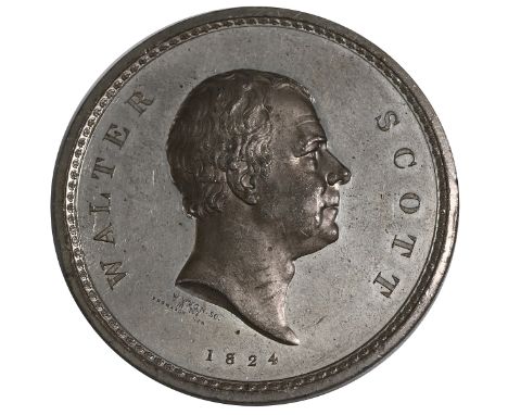 1824 Sir Walter Scott commemorative white metal medal by William Wyon (BHM 1238). Obverse, right-facing portrait of Walter Sc