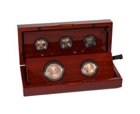 2023 five-coin gold proof Sovereign set from The Royal Mint in original box with certificates. Includes Five/Quintuple Sovere